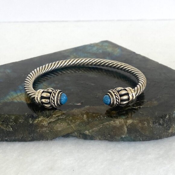 Sterling Silver 925 Mexico Chunky Blue Sodalite Twisted Rope Cuff Bracelet 6.25" - Picture 4 of 16